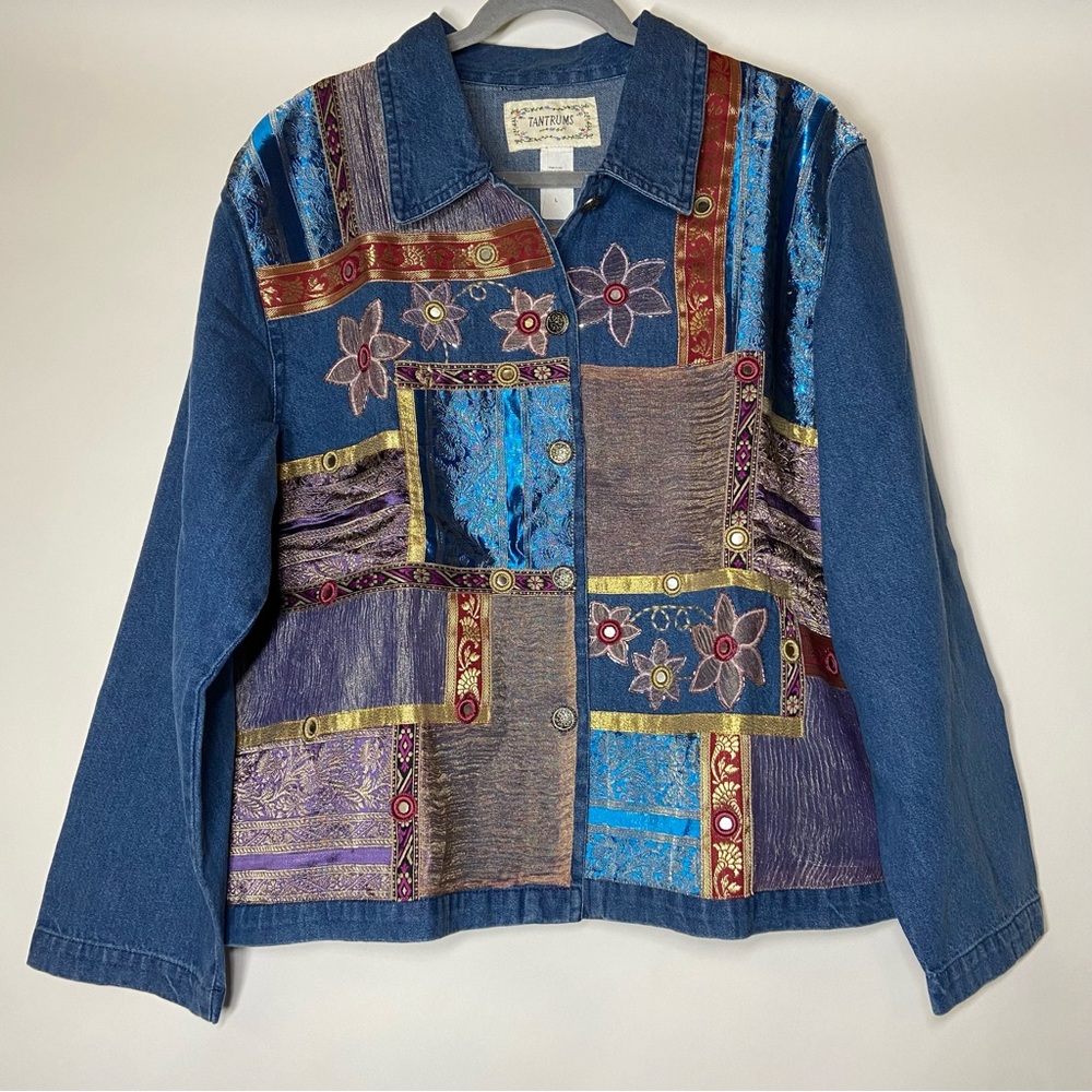 NEW Vintage Tantrums Large Denim Jean Sequin Patchwork Shacket Shirt Floral Boho
